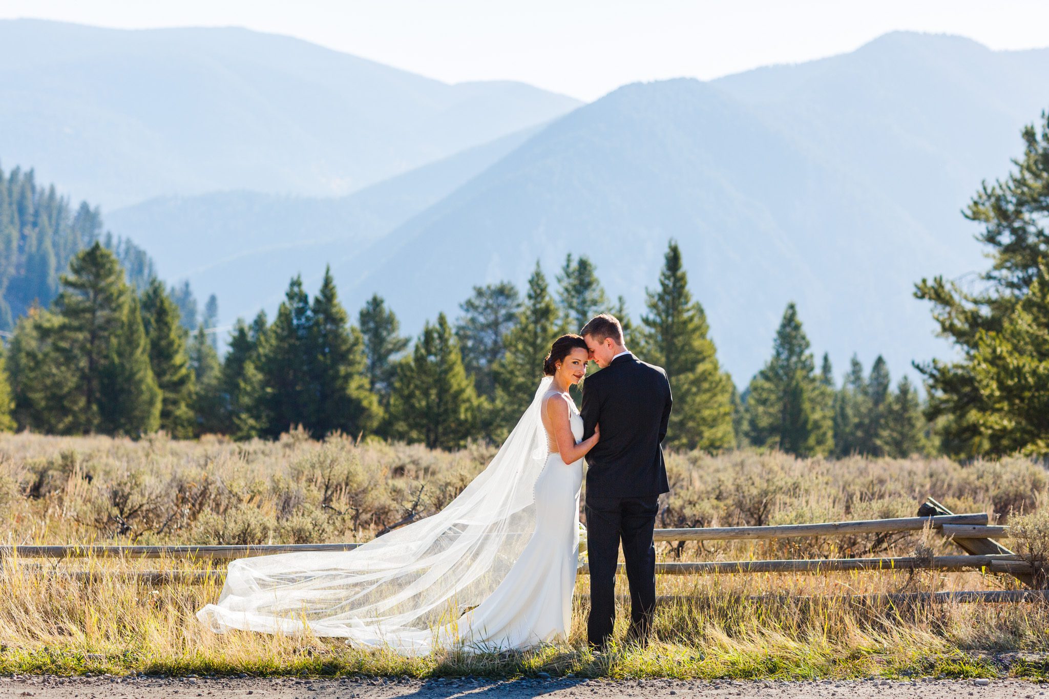 bride and groom in the mountains