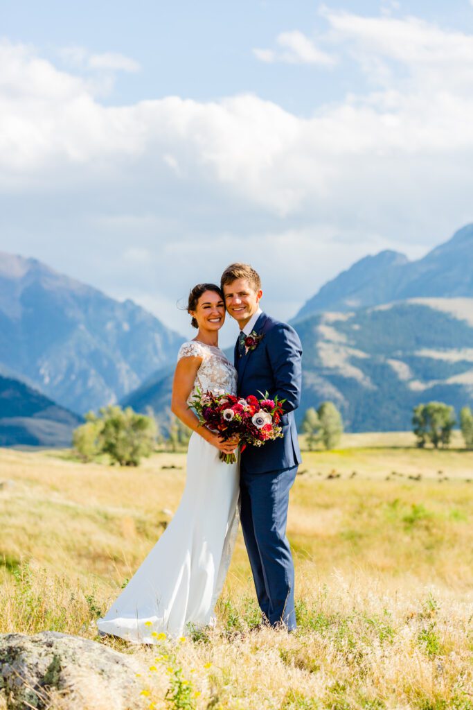 romantic bride and groom in Bozeman MT with mountain views in the backdrop