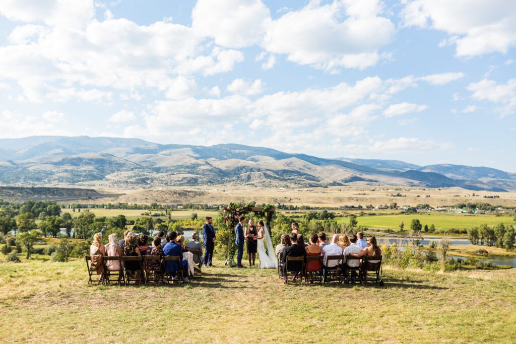 outdoor mountain view ceremony space in Sage Lodge, a Bozeman MT wedding venue