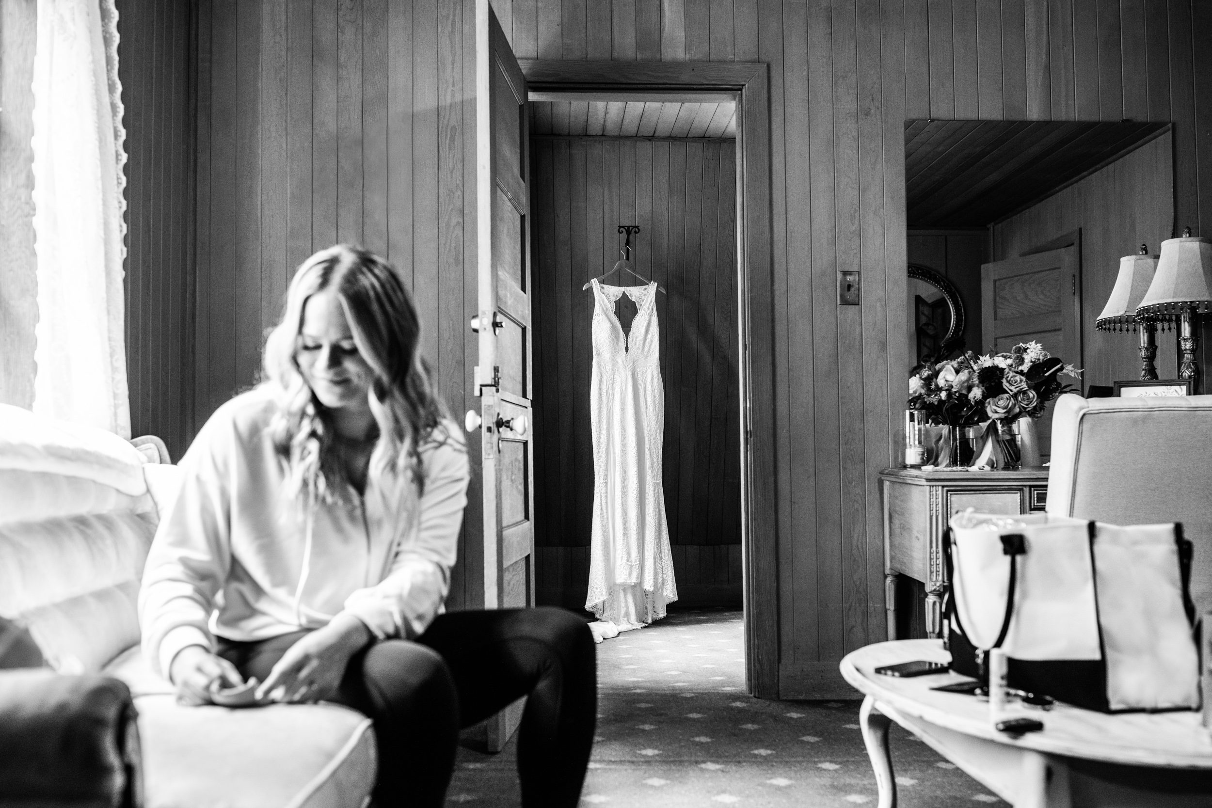 bride getting ready at cabin near Glacier Park